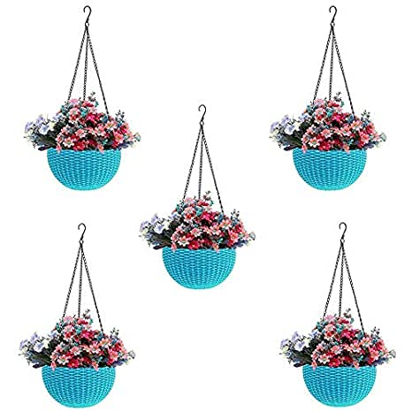 Bianco Round Rattan Woven Hanging Planters with Hanging Chain, Hanging Pots for Plants Balcony (Light Blue, Set of 5, 7.1x4.8 Inch) - Image 1