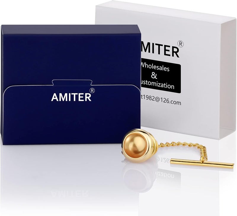 AMITER Crystal/Pearl Tie Tack with Chain, Gold Mens Tie Pin Necktie Pins Lapel Pin for Wedding Birthday Anniversary Party - Image 3