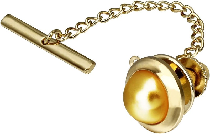 AMITER Crystal/Pearl Tie Tack with Chain, Gold Mens Tie Pin Necktie Pins Lapel Pin for Wedding Birthday Anniversary Party - Image 1