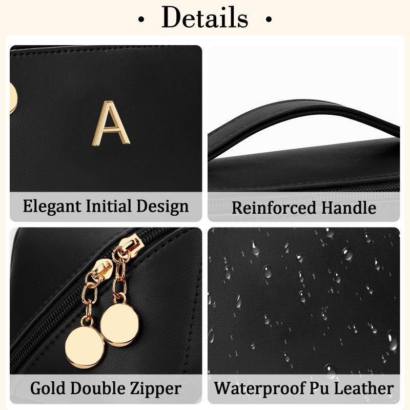 CLOUDWINGS Birthday Gifts for Women Teen Girl, Personalized Initial Makeup Organizer Bag Set, Open Flat Travel Cosmetic Bag With Clear Divider and Handle(Black,A) - Image 3