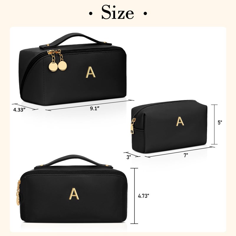 CLOUDWINGS Birthday Gifts for Women Teen Girl, Personalized Initial Makeup Organizer Bag Set, Open Flat Travel Cosmetic Bag With Clear Divider and Handle(Black,A) - Image 5