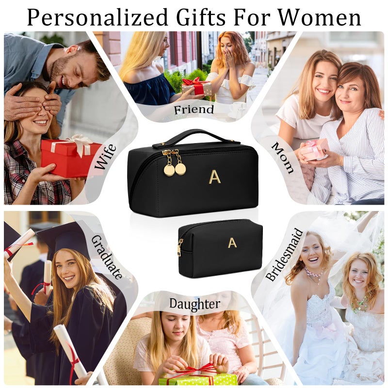 CLOUDWINGS Birthday Gifts for Women Teen Girl, Personalized Initial Makeup Organizer Bag Set, Open Flat Travel Cosmetic Bag With Clear Divider and Handle(Black,A) - Image 2
