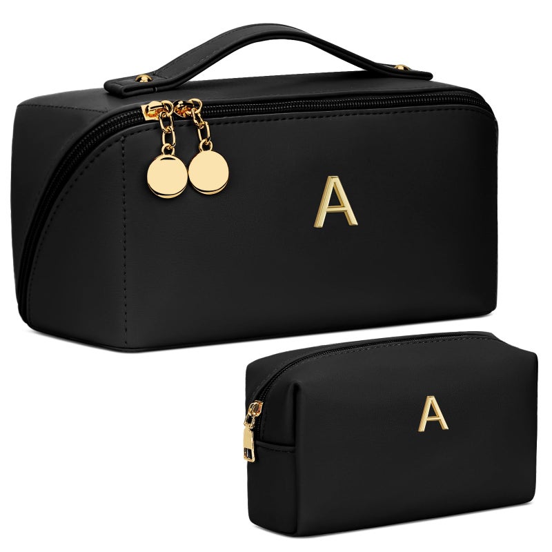 CLOUDWINGS Birthday Gifts for Women Teen Girl, Personalized Initial Makeup Organizer Bag Set, Open Flat Travel Cosmetic Bag With Clear Divider and Handle(Black,A) - Image 1