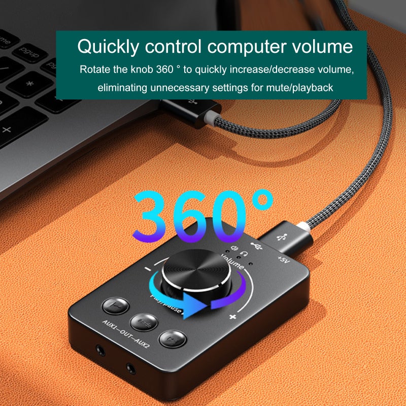 مُتحكم حجم الصوت الكمبيوتري USB: مقلب أسود بزاوية 360 درجة مع إيقاف الصوت بمست واحد - أمرسل صوت بلوتوث 5.1 للاستماع اللاسلكي، محول كرت صوت خارجي موصل نوع سي لتهيئة التشغيل الفوري لمستخدمي أجهزة المكتب واللابتوب - Image 2