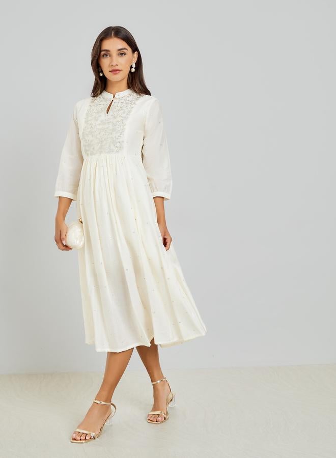 Women Cream Embroidered A-Line Midi Dress