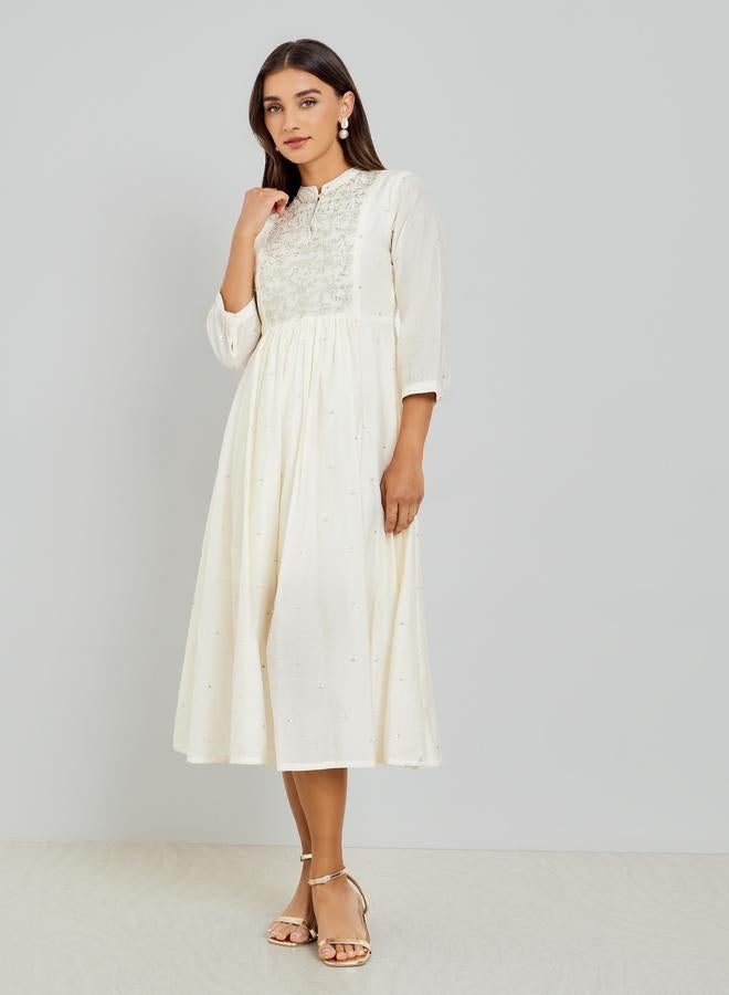 Styli Women Cream Embroidered A-Line Midi Dress - Image 3