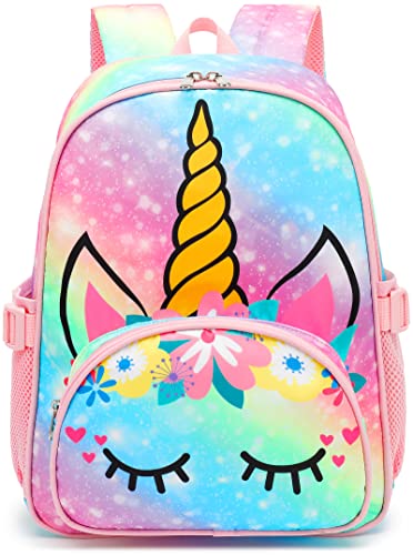 BTOOP Kids Backpack Girls School Backpack Preschool Kindergarten Unicorn Toddler BookBag with Chest Clip (Slanting Rainbow) - Image 1