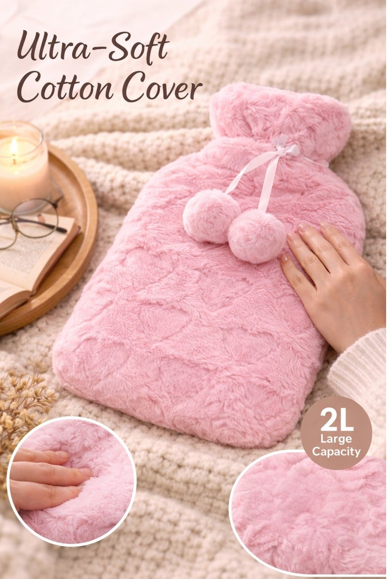 Family Ship Hot Water Bag 1pcs with Strong Fluffy Cover, 2L BPA Free Hot Water Bottle For Muscle Pain And Feet Warmer Menstrual Cramps Hot Compress And Cold Therapy (Multicolor) - Image 3