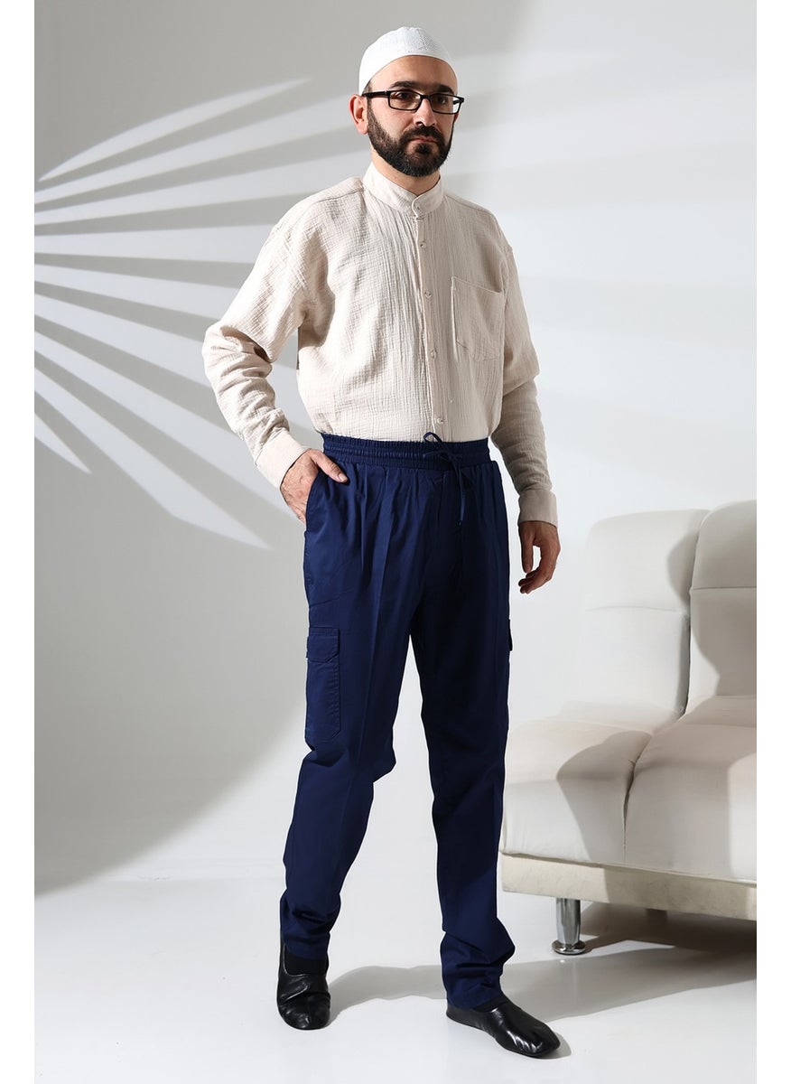 ihvanonline - Men's Side Pocket Elastic Waist Hajj and Umrah Cargo Trousers Navy Blue - Image 1