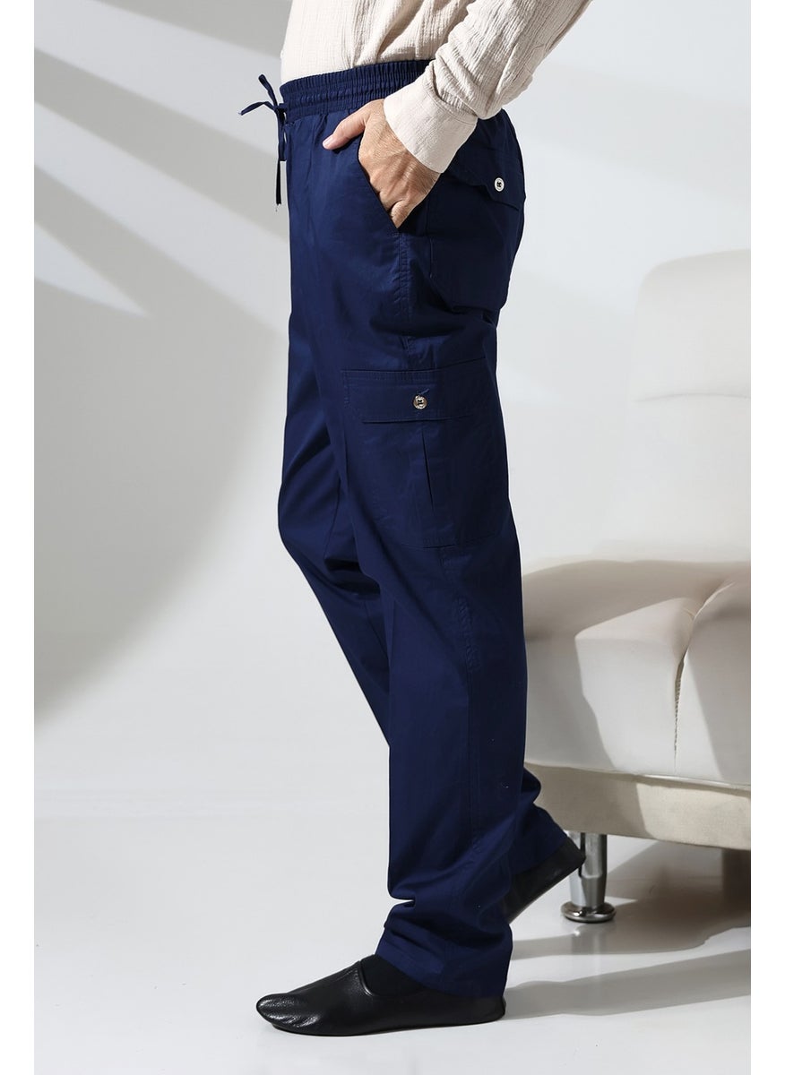 ihvanonline - Men's Side Pocket Elastic Waist Hajj and Umrah Cargo Trousers Navy Blue - Image 1