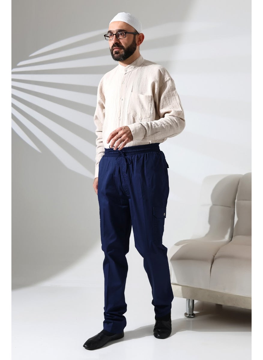 ihvanonline - Men's Side Pocket Elastic Waist Hajj and Umrah Cargo Trousers Navy Blue - Image 1