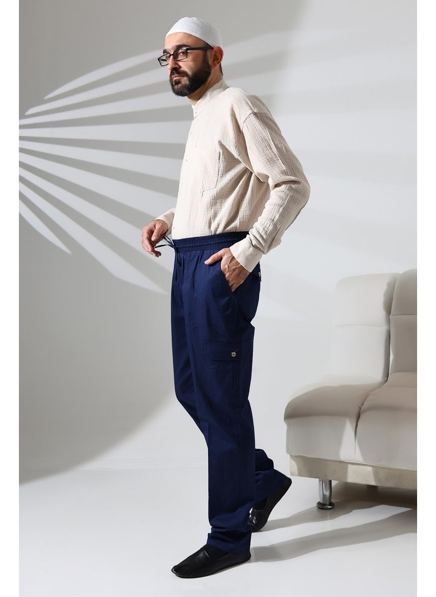 ihvanonline - Men's Side Pocket Elastic Waist Hajj and Umrah Cargo Trousers Navy Blue - Image 1