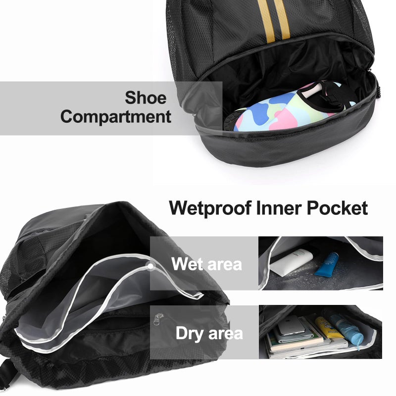 Hoedia Sports Drawstring Backpack - String Swim Gym Bag with Shoes Compartment and Wet Proof Pocket for Women&Men, Black Gold - Image 3