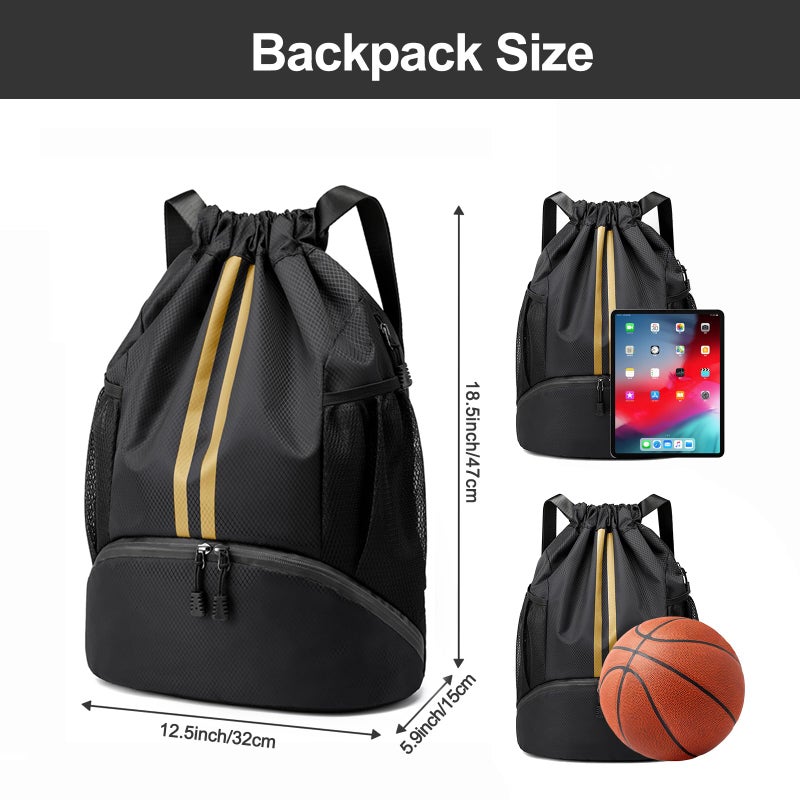 Hoedia Sports Drawstring Backpack - String Swim Gym Bag with Shoes Compartment and Wet Proof Pocket for Women&Men, Black Gold - Image 2