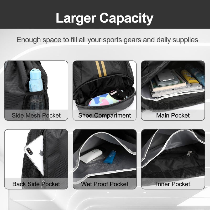 Hoedia Sports Drawstring Backpack - String Swim Gym Bag with Shoes Compartment and Wet Proof Pocket for Women&Men, Black Gold - Image 4