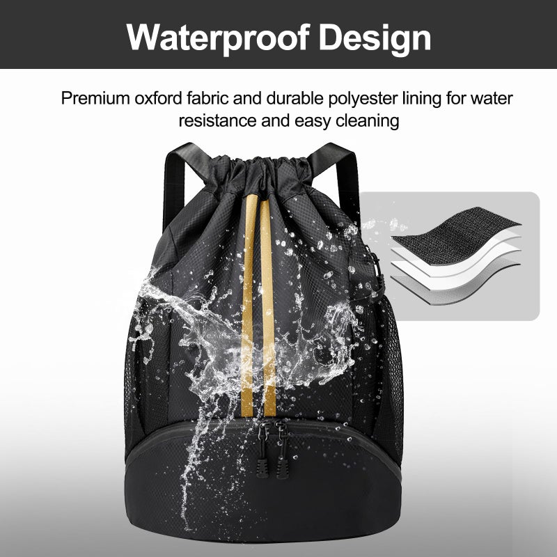 Hoedia Sports Drawstring Backpack - String Swim Gym Bag with Shoes Compartment and Wet Proof Pocket for Women&Men, Black Gold - Image 5