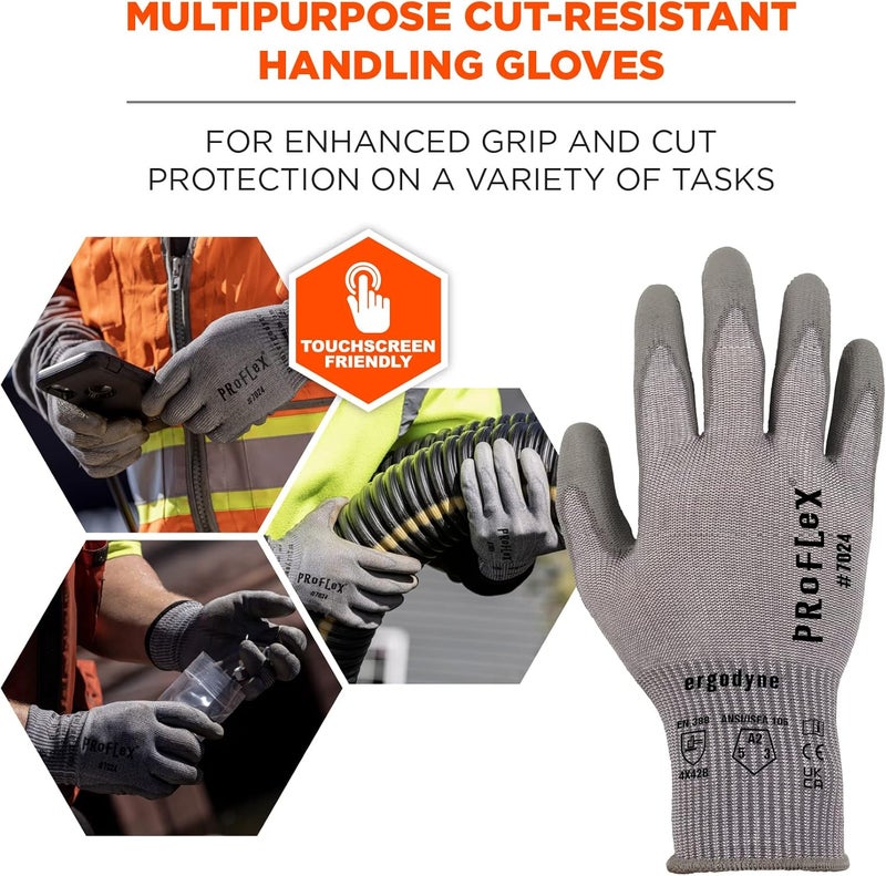 Ergodyne ProFlex 7024 Cut Resistant Work Gloves ANSI A2 PU Coated Palms for Flexible No Slip Grip Abrasion Resistant 13g Touchscreen Capable Gray Large - Image 2