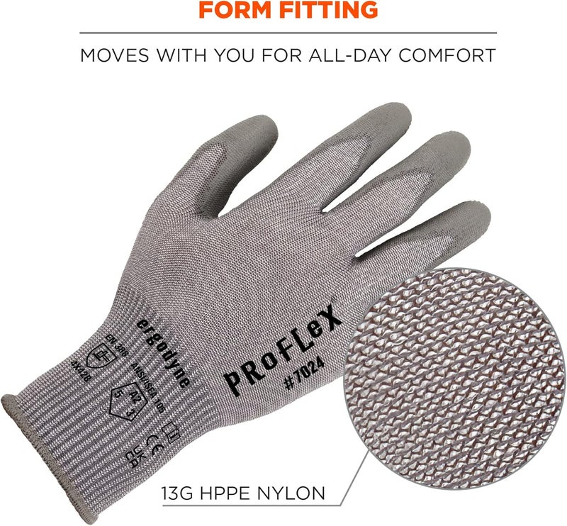 Ergodyne ProFlex 7024 Cut Resistant Work Gloves ANSI A2 PU Coated Palms for Flexible No Slip Grip Abrasion Resistant 13g Touchscreen Capable Gray Large - Image 5