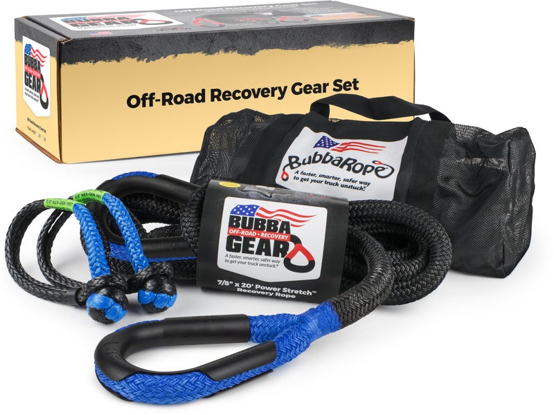 Bubba Rope OffRoad Truck Recovery Gear Set  HeavyDuty Vehicle Tow Kit Power Stretch Recovery Rope 78 x 20  NexGen PRO GatorJaw Synthetic Shackles 38 x 65  Blue