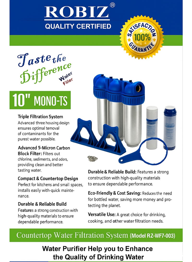ROBIZ نظام ترشيح المياه ثلاثي الطبقات بقطر 10 بوصات من روبز - فلتر كربوني بكتلة 5 ميكرون، يزيل الروائح والشوائب، تصميم مدمج، تركيب سهل، جهاز تنقية مياه متين وصديق للبيئة - Image 1