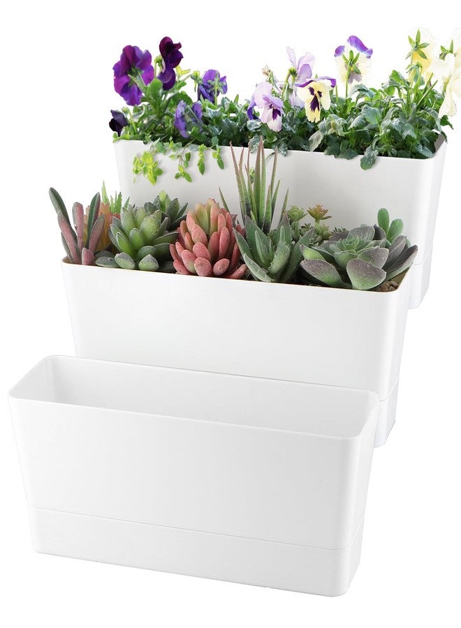 Sanbege Window Box Planter with Tray, 12" Rectangle Plant Pot, Pack of 3 (White) - Image 1