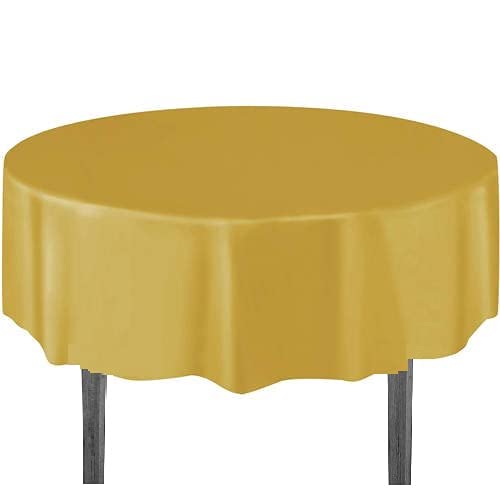 SHOPSAVE Round 84 inch Plastic Disposable Plastic Tablecloths Table Covers Great for Parties Wedding Holiday 3 Gold