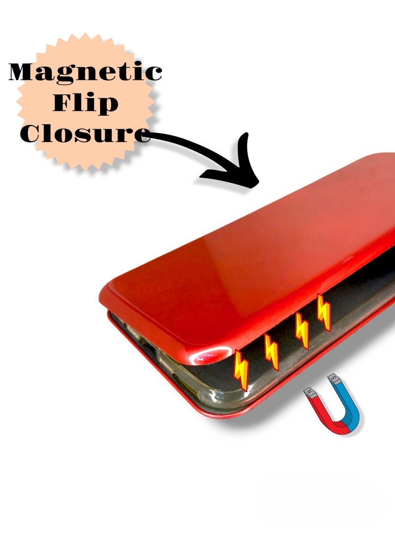 For Samsung Galaxy A20/A30 Glossy Plastic Ceramic Magnetic Flip Cover, Headphones Filter and Card Slot Compatible With Samsung Galaxy A20/A30 (6.4')(Red)  - Image 3