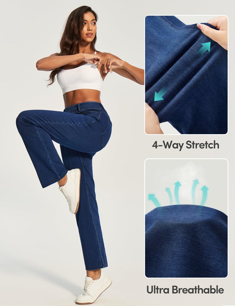 IUGA Straight Leg Jeans for Women Stretchy Pull On Sweatpant Jeans Women High Waisted Bootcut Jean Trendy Denim Pants Dark Blue - Image 3