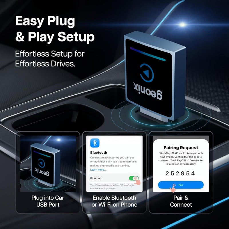 GEONIX DashPlay 2-in-1 Wireless Car Receiver for Android Auto & Apple CarPlay, Converts Wired to Wireless, Bluetooth Plug & Play Receiver – Compatible with OEM Factory-Fitted Wired Systems (Black) - Image 5