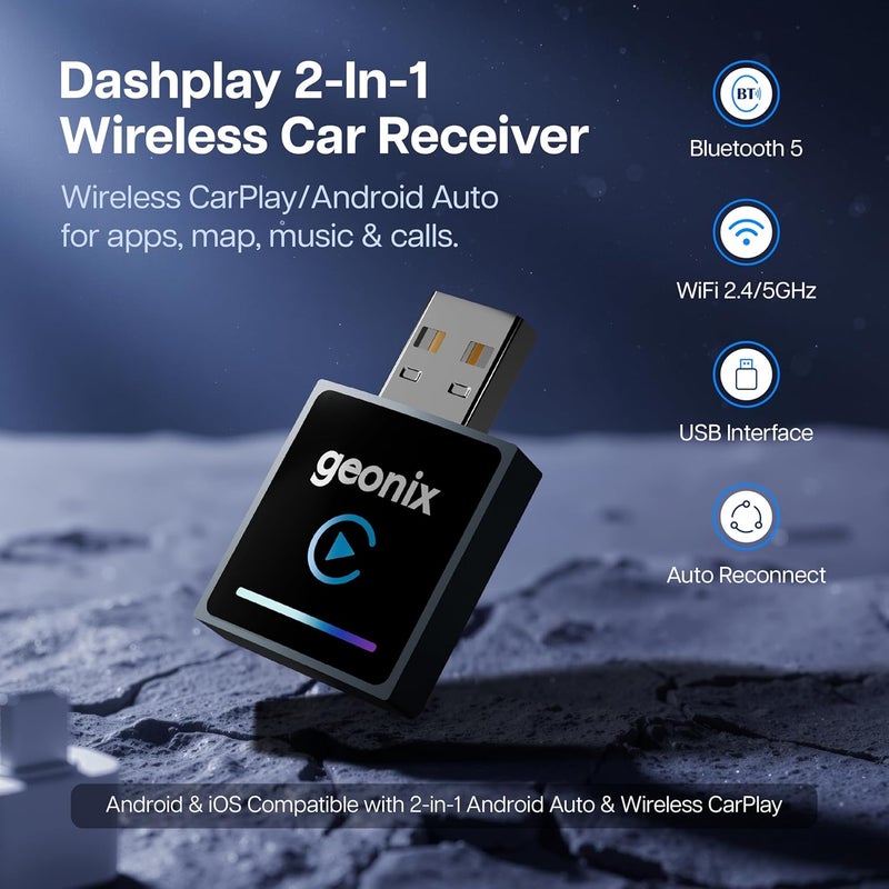 GEONIX DashPlay 2-in-1 Wireless Car Receiver for Android Auto & Apple CarPlay, Converts Wired to Wireless, Bluetooth Plug & Play Receiver – Compatible with OEM Factory-Fitted Wired Systems (Black) - Image 2
