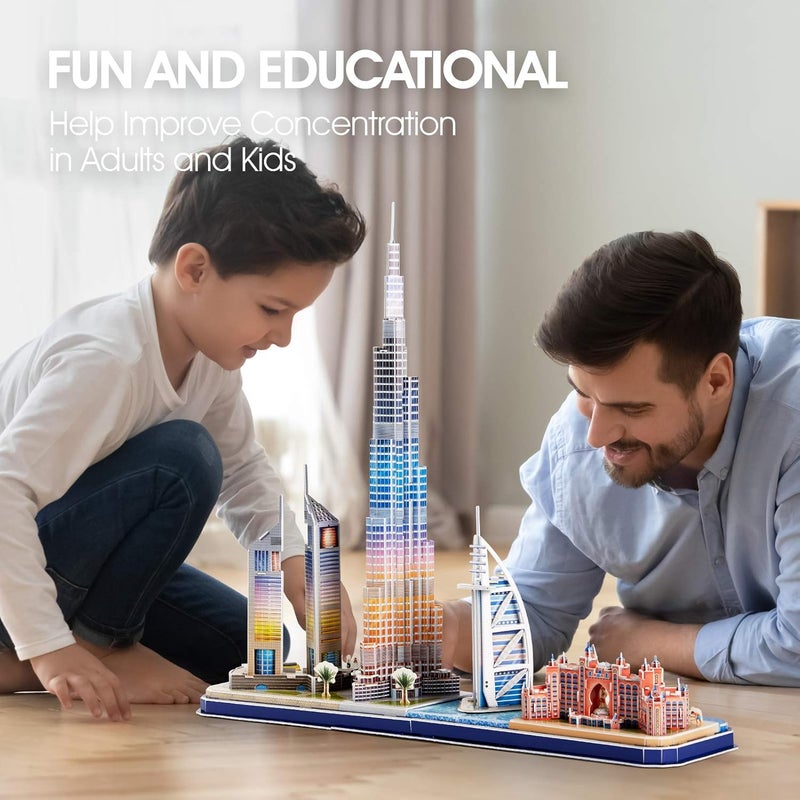 CubicFun ألغاز ثلاثية الأبعاد للأطفال من 8-10 سنوات خط مدينة دبي، الفنون والحرف للأطفال من 8-12 سنة مشاريع STEM للأطفال من 8-12 سنة هدايا للأطفال بعمر 8 سنوات ألعاب للفتيات بعمر 8 سنوات إضاءة العمارة - Image 3