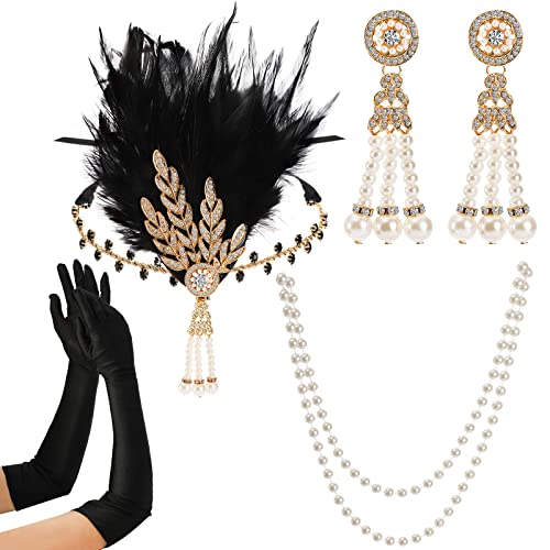 Mezchi 5 Pack 1920s Vintage Flapper Accessories Set, 20s Party Costume Headband for Women, Feather Flapper Headpiece, Pearl Necklace and Earrings, Gloves, Faux Holder - Image 1