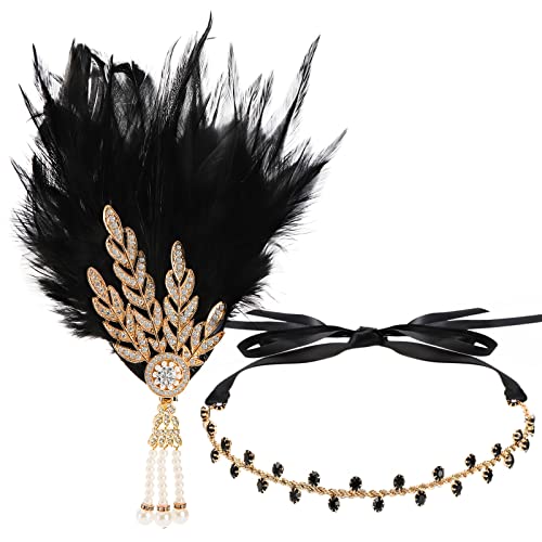 Mezchi 5 Pack 1920s Vintage Flapper Accessories Set, 20s Party Costume Headband for Women, Feather Flapper Headpiece, Pearl Necklace and Earrings, Gloves, Faux Holder - Image 2
