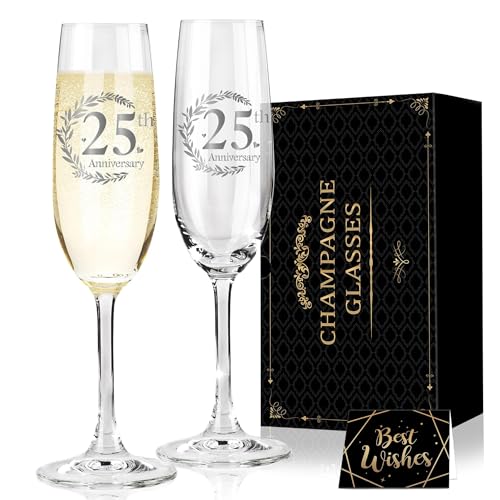 Hexagram 25th Wedding Anniversary Champagne Flutes Gifts, 25th Anniversary Couple Gifts, Anniversary's Wedding Gift for Husband Wife, 25 Year Anniversary's Decorations Champagne Glasses Set of 2 - Image 1