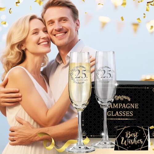 Hexagram 25th Wedding Anniversary Champagne Flutes Gifts, 25th Anniversary Couple Gifts, Anniversary's Wedding Gift for Husband Wife, 25 Year Anniversary's Decorations Champagne Glasses Set of 2 - Image 5