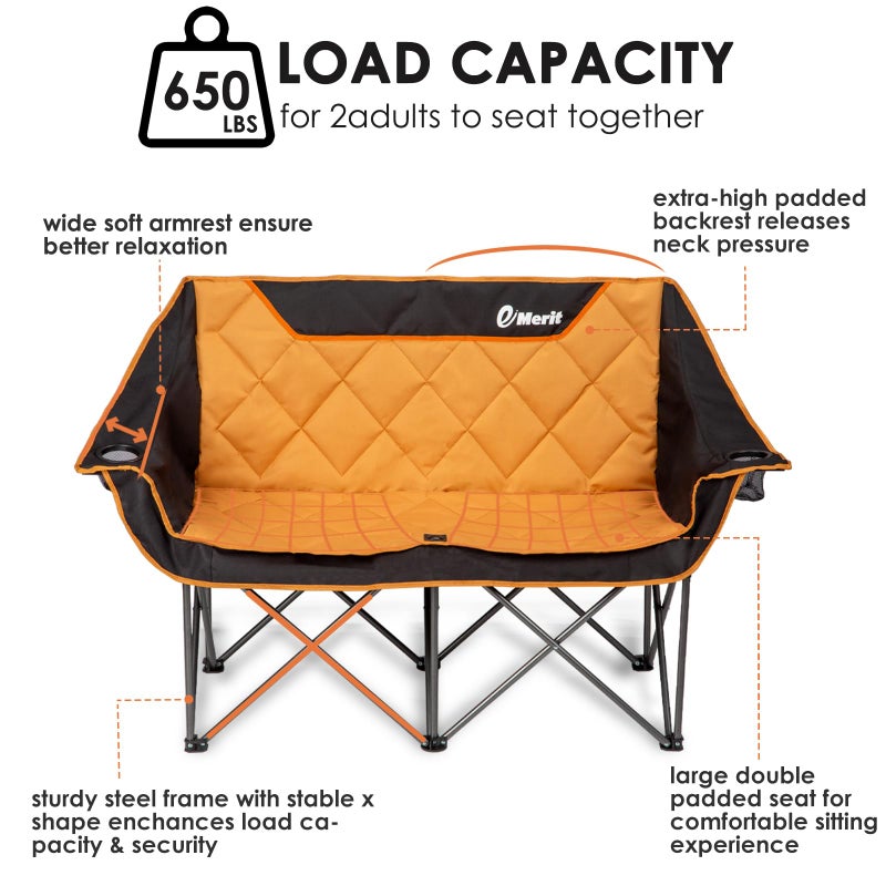 EMERIT Oversized Double Duo Camping Chair Folding Camping Loveseat 2 Person Camping Couch Heavy Duty Lawn Chairs for Outside with Padded Seats & Armrests-Support 650LBS - Image 3