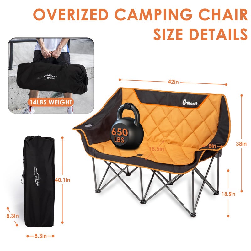 EMERIT Oversized Double Duo Camping Chair Folding Camping Loveseat 2 Person Camping Couch Heavy Duty Lawn Chairs for Outside with Padded Seats & Armrests-Support 650LBS - Image 4