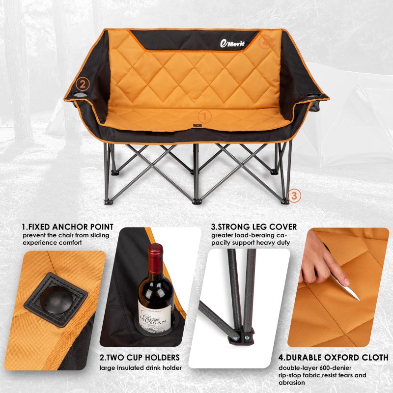 EMERIT Oversized Double Duo Camping Chair Folding Camping Loveseat 2 Person Camping Couch Heavy Duty Lawn Chairs for Outside with Padded Seats & Armrests-Support 650LBS - Image 2