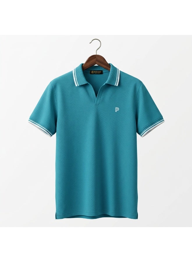 Pavone Short Sleeve Polo Shirt For Men's,Turquoise - Image 3