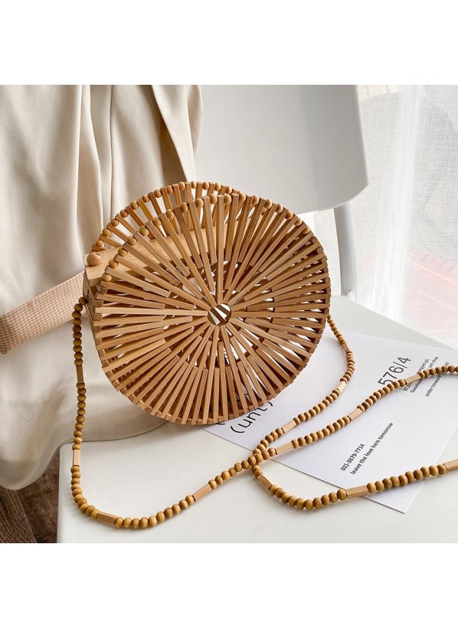 Loquat Ins European And American Internet Celebrity Summer Hollow Travel Clutch Bag Shoulder Crossbody Retro Bamboo Bag Small Round Bag Beach Bag For Women-Color:Khaki  - Image 3