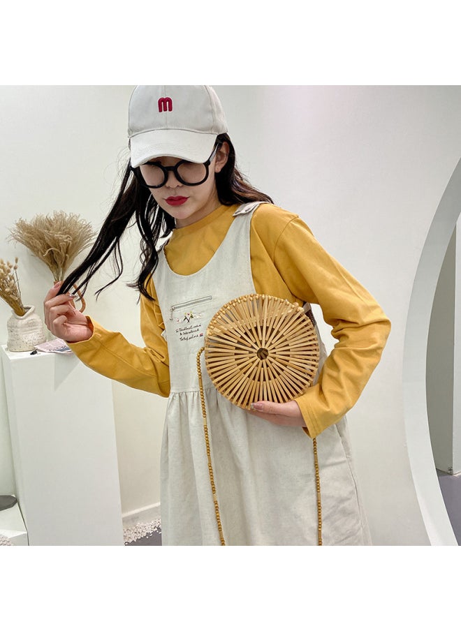 Loquat Ins European And American Internet Celebrity Summer Hollow Travel Clutch Bag Shoulder Crossbody Retro Bamboo Bag Small Round Bag Beach Bag For Women-Color:Khaki  - Image 5