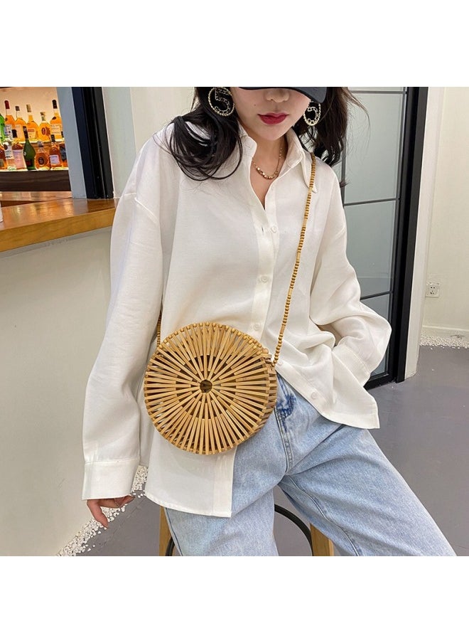 Loquat Ins European And American Internet Celebrity Summer Hollow Travel Clutch Bag Shoulder Crossbody Retro Bamboo Bag Small Round Bag Beach Bag For Women-Color:Khaki  - Image 4
