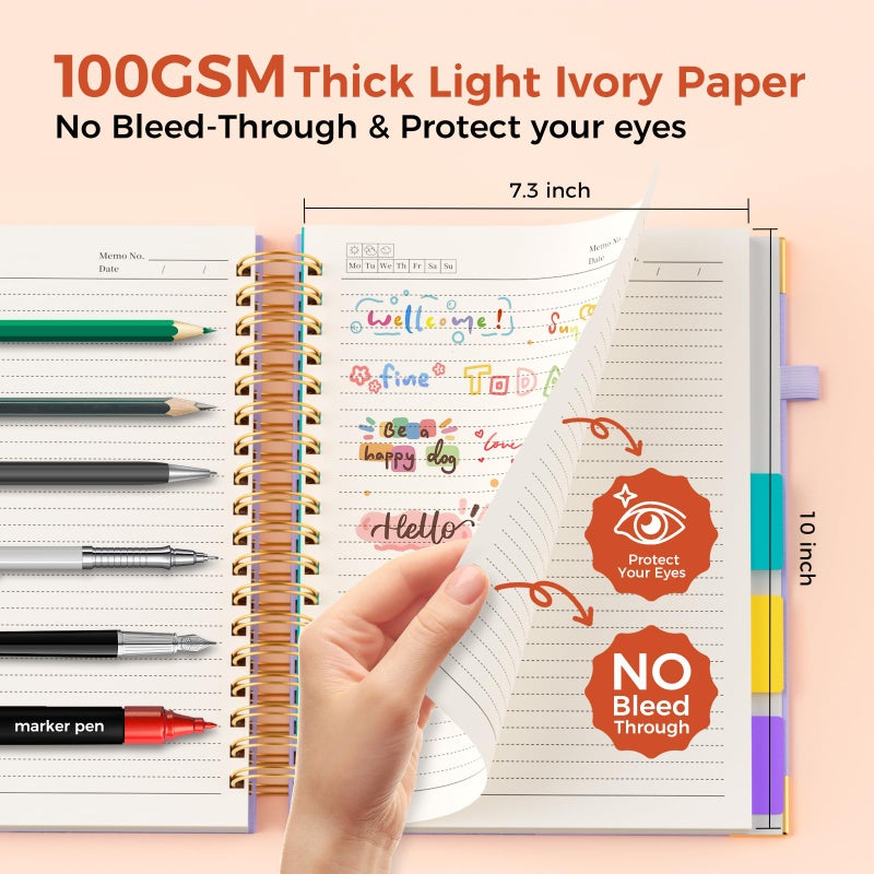 XYark Line Hardcover Spiral Notebook with Removable Dividers Tabs & Ruler, 5 Subject Notebook College Ruled, 300 Page, Large 8"x10" B5 Notebooks for Work School, Lined Journal for Women & Men, Light Purple - Image 4
