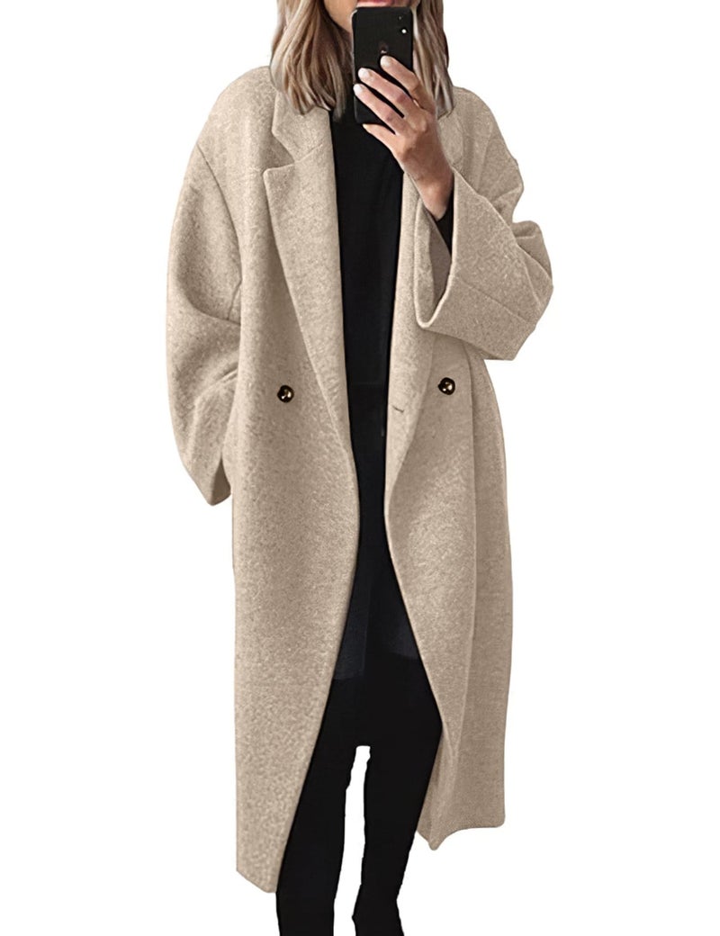 PEHMEA Women's Wool Blend Mid-Length Coat for Fall Winter, Single-Breasted Warm Classic Peacoat for Office Casual Outerwear(Oatmeal-XXL) - Image 1