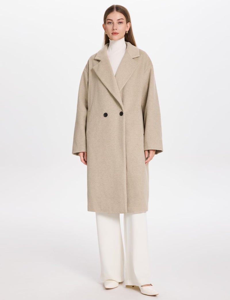 PEHMEA Women's Wool Blend Mid-Length Coat for Fall Winter, Single-Breasted Warm Classic Peacoat for Office Casual Outerwear(Oatmeal-XXL) - Image 2