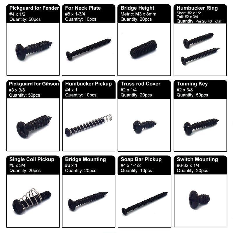 Vencetmat Guitar Screws Kit,304 Stainless Steel, #2#3#4#6#8 fit Fender & Gibson Pickguard, for Neck Plate Tuning Humbucker SingleCoil Pickup TrussRod Cover Bridge Selector Switch (Stainless Steel Black Coated) - Image 3
