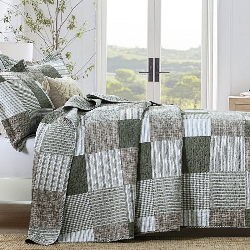 Finlonte Quilt King Size - 100% Cotton King Size Comforter Set Green Moonbeam White Plaid Farmhouse Quilt Bedding Set, Reversible Lightweight Soft Bedspread, Quilted Coverlet All-Season, 3-Piece - Image 2