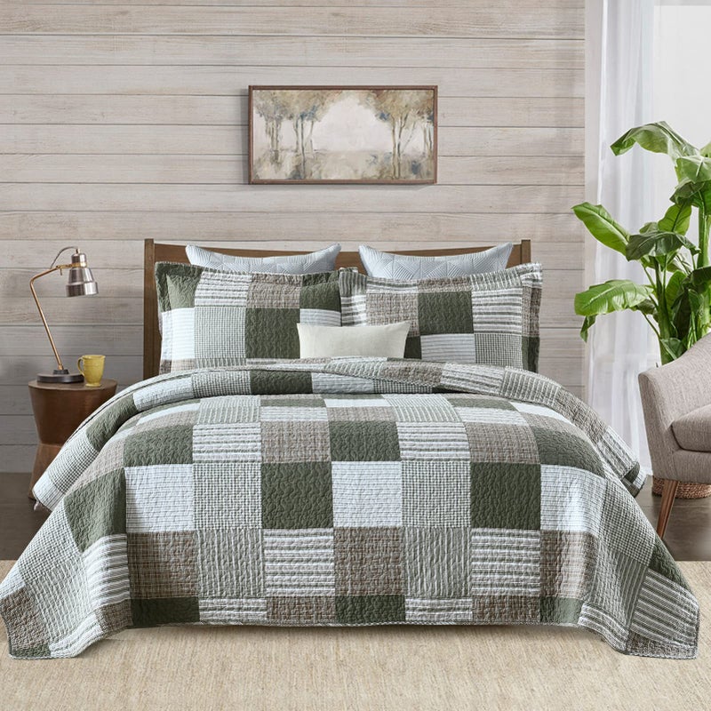 Finlonte Quilt King Size - 100% Cotton King Size Comforter Set Green Moonbeam White Plaid Farmhouse Quilt Bedding Set, Reversible Lightweight Soft Bedspread, Quilted Coverlet All-Season, 3-Piece - Image 1