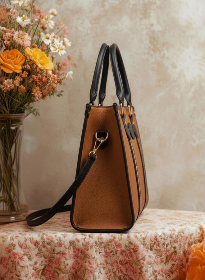 LIKE STYLE Women’s PU Laptop Shoulder Bag | Stylish Office Tote Handbag with Detachable Sling | Fits 14-inch Laptop | Vertical Webbing Design | Work, College & Travel Bag (Tan) - Image 3