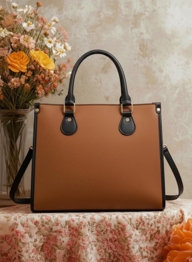 LIKE STYLE Women’s PU Laptop Shoulder Bag | Stylish Office Tote Handbag with Detachable Sling | Fits 14-inch Laptop | Vertical Webbing Design | Work, College & Travel Bag (Tan) - Image 2